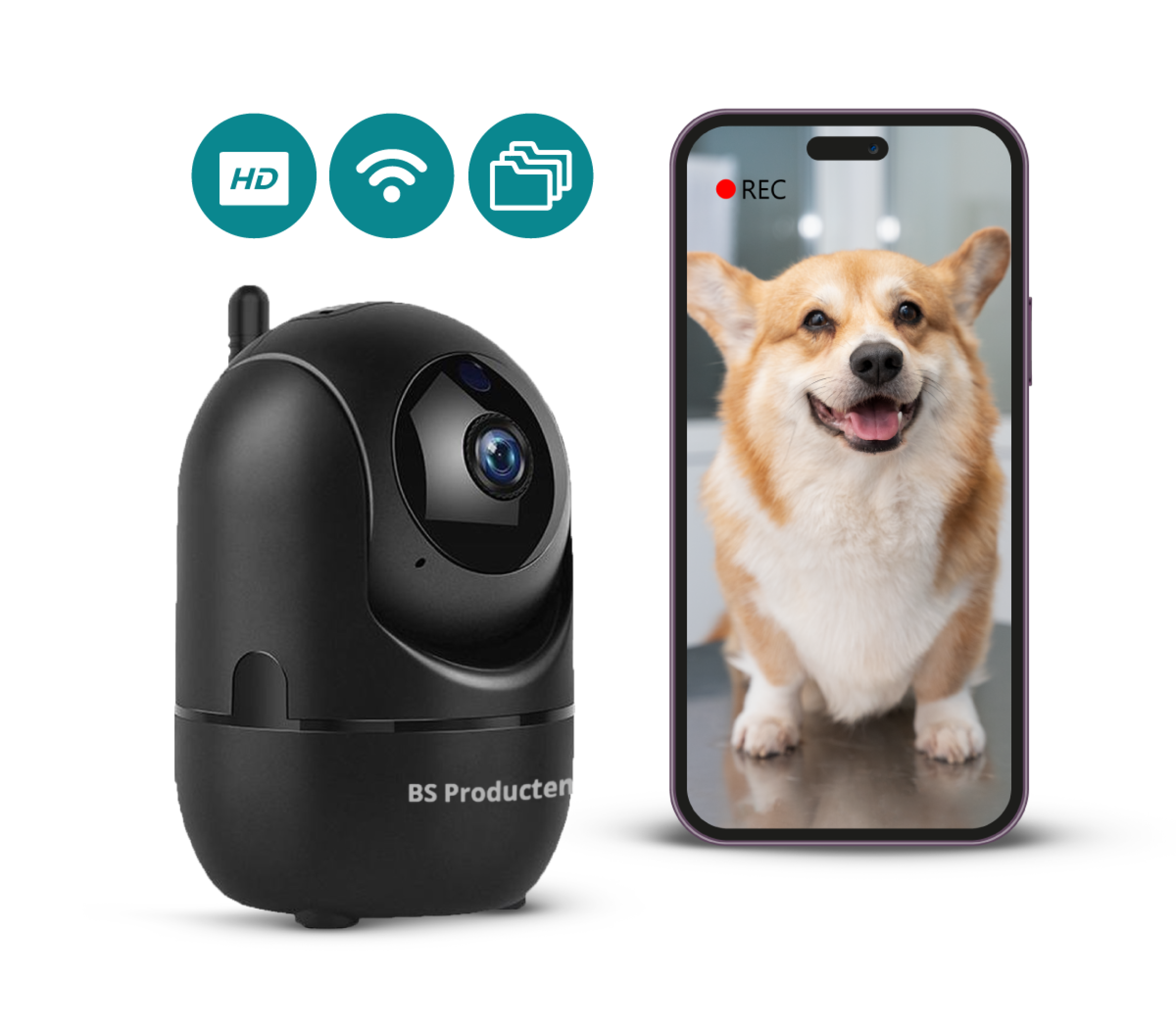 App BS 2,4 Schwarz, mit GHz Überwachungskamera Hundekamera IP WLAN camera Innen PRODUCTEN