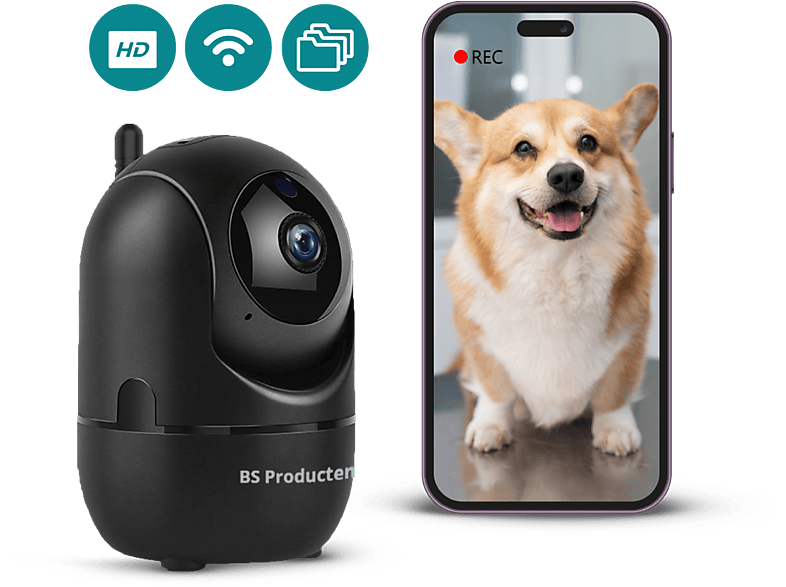 BS PRODUCTEN Hundekamera mit App IP camera WLAN Schwarz, Überwachungskamera 2,4 GHz Innen