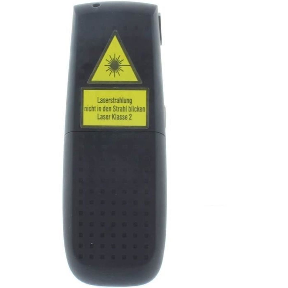 Schwarzer Laserpointer mit gelbem Warnetikett. Enthält Text: Laserstrahlung, Laserklasse 2.