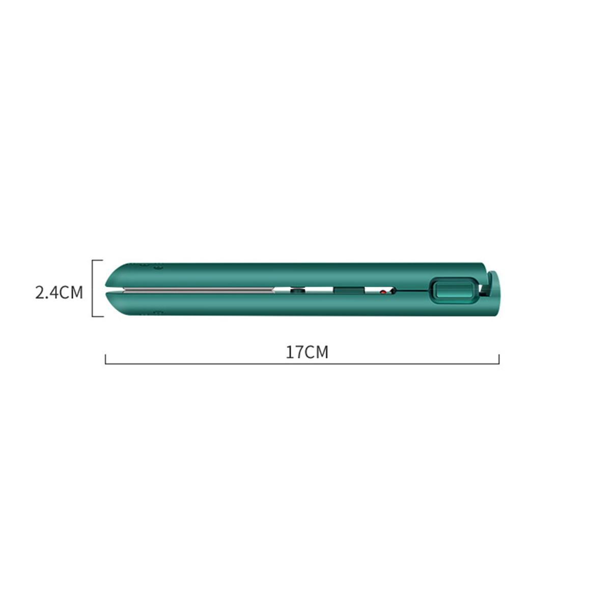 Grüner Haarglätter, 2,4 cm breit, 17 cm lang. Draufsicht, weißer Hintergrund.