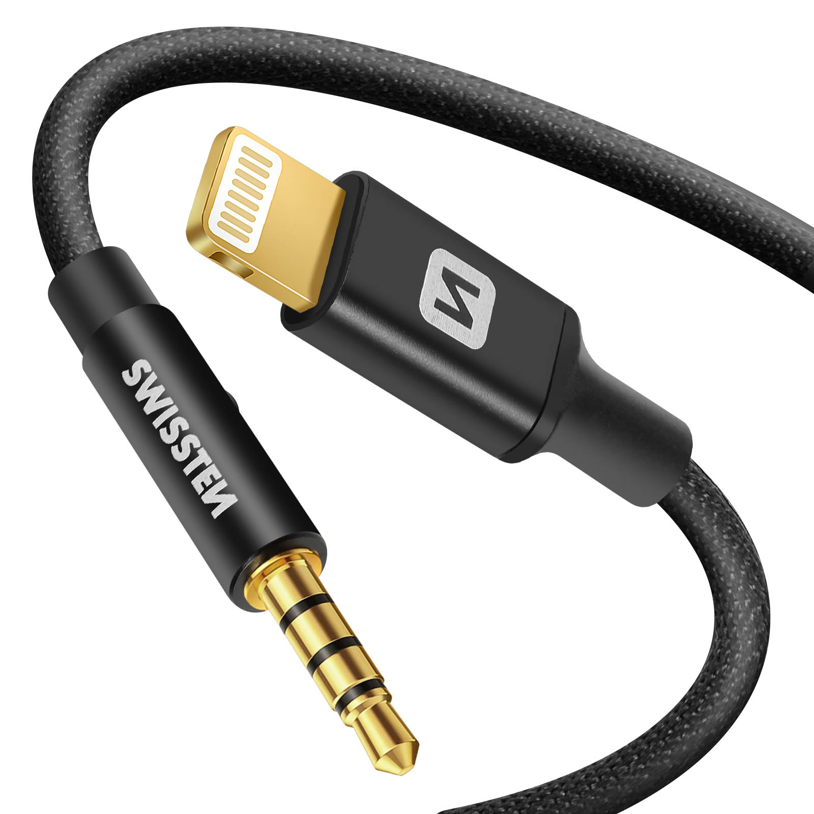Schwarzes und goldenes Audiokabel mit Lightning-Anschluss und 3,5-mm-Klinke, beschriftet SWISSTEN.