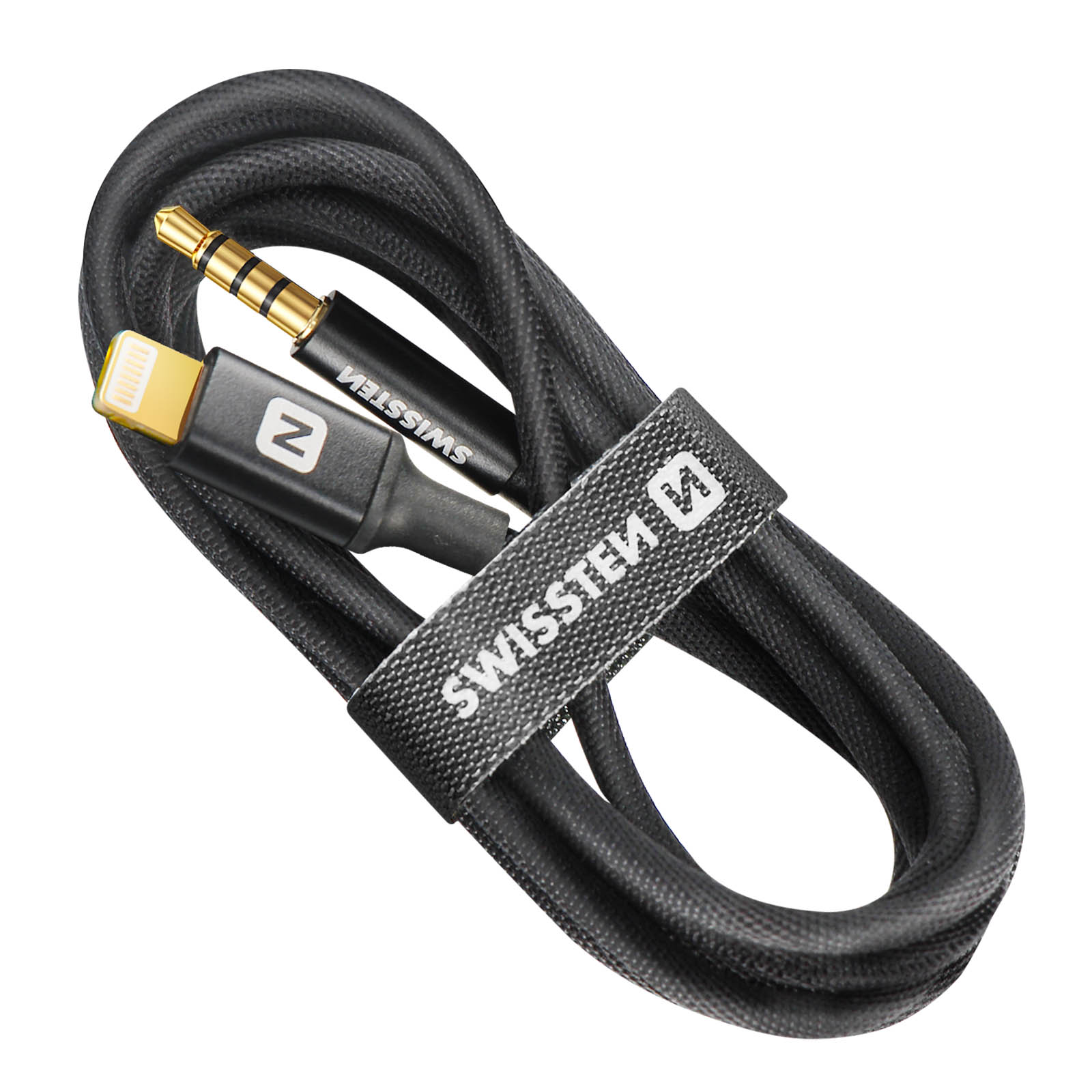 Schwarzes Audiokabel mit Lightning- und 3,5-mm-Anschlüssen, umwickelt. Weißer Hintergrund.