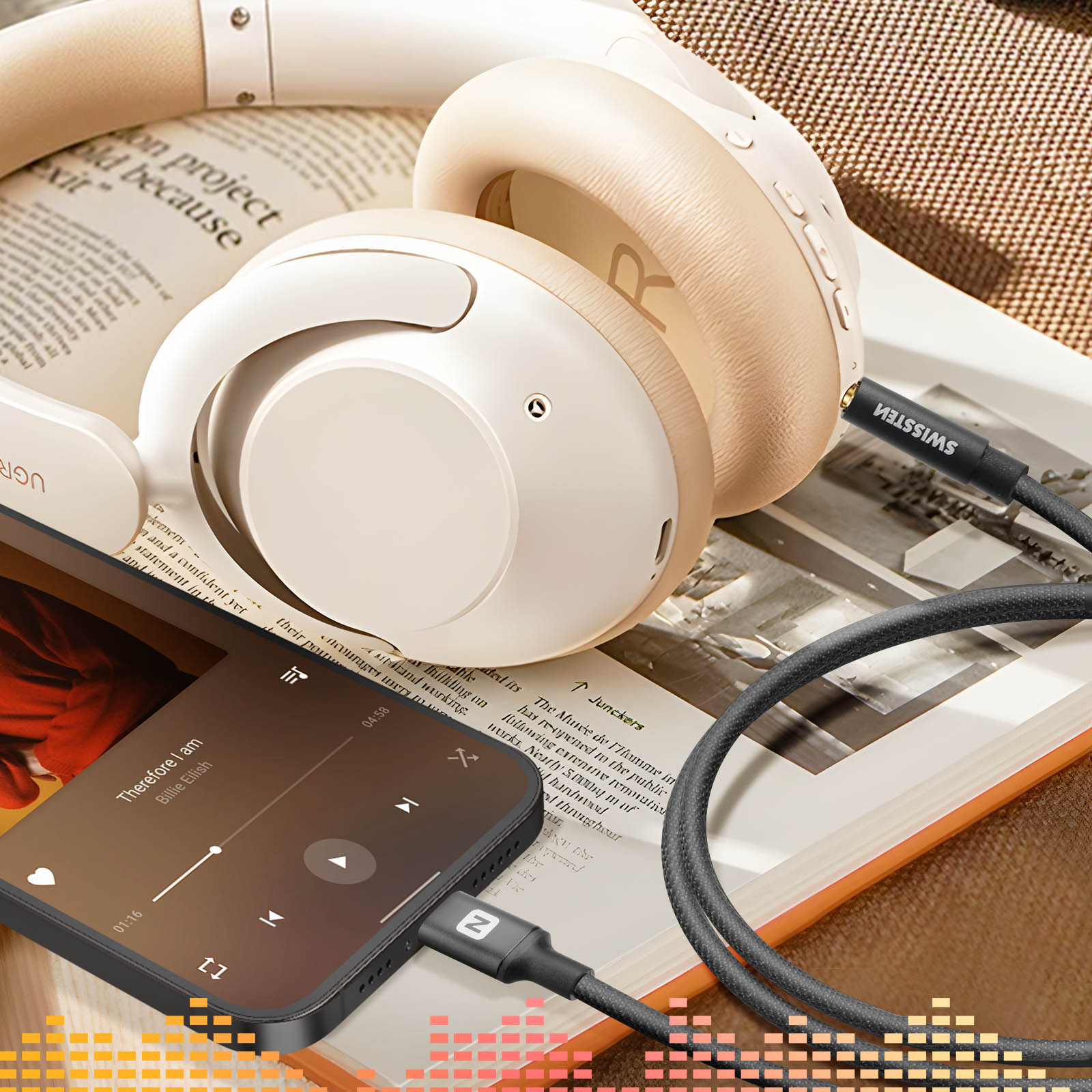 Weiße Kopfhörer mit Telefon und Kabel auf einem Buch, mit Musik-Equalizer-Balken.