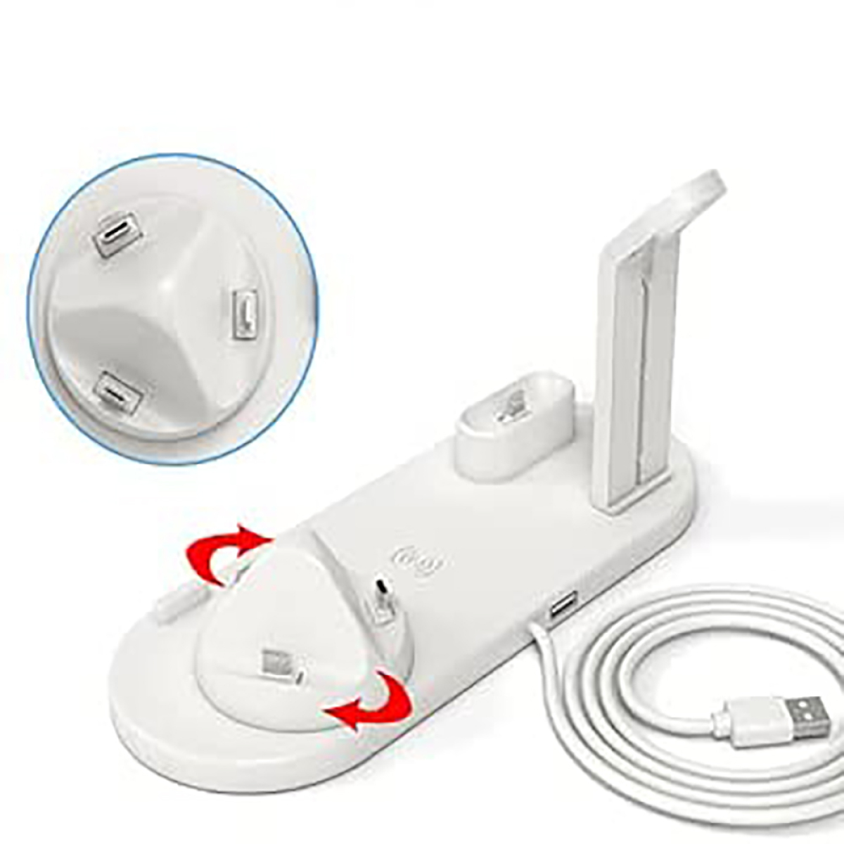 Weiße Ladestation mit mehreren Anschlüssen und einem USB-Kabel. Enthält Ladeanschlüsse und einen Telefonständer.