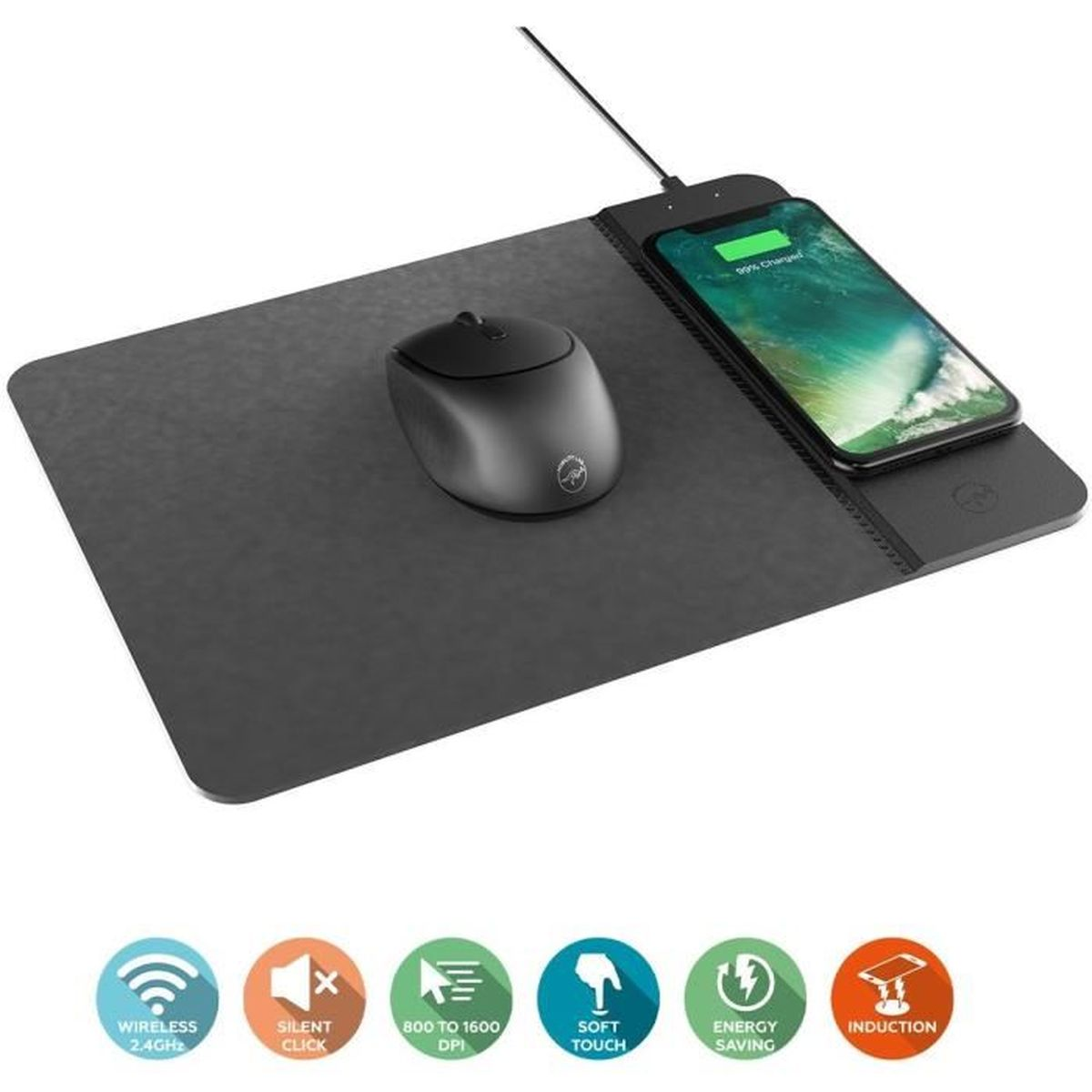 Alfombrilla de ratón negra con base de carga inalámbrica, ratón y móvil cargando.