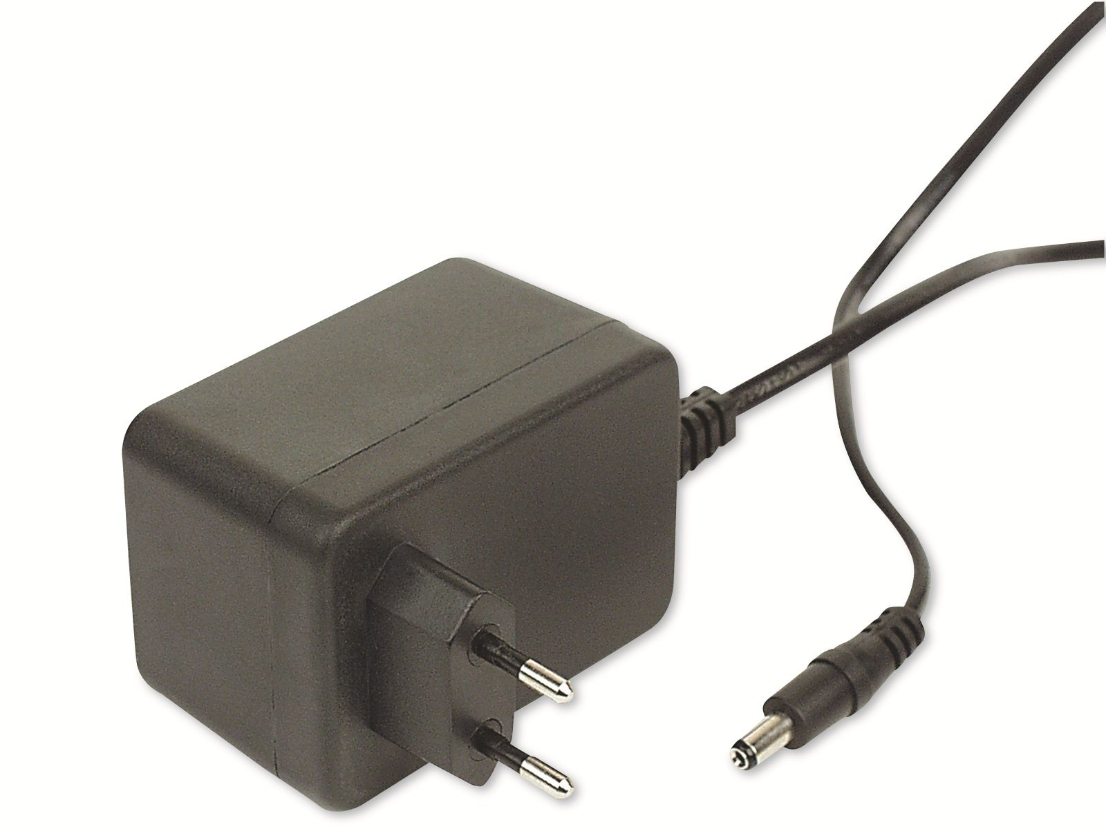 Schwarzer rechteckiger Netzadapter mit zwei Stiften und angeschlossenem Gleichstrom-Kabel.