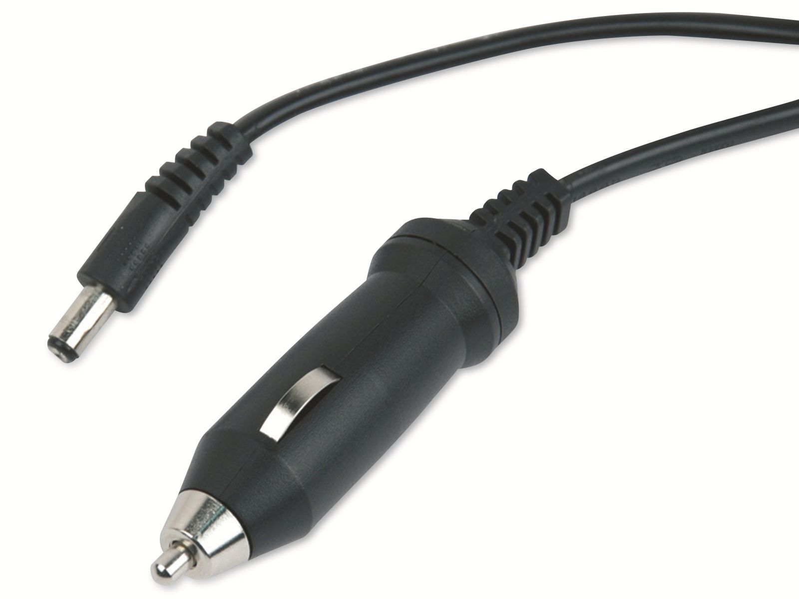 Ein schwarzes Autoladegerät mit silberner Spitze und schwarzem Kabel, vor weißem Hintergrund.