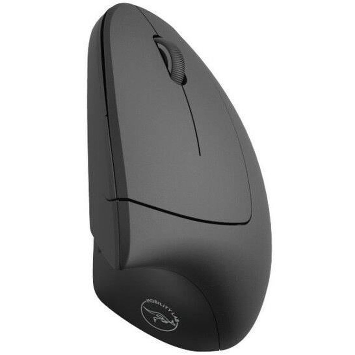 Un ratón de ordenador negro ergonómico sobre fondo blanco con rueda de desplazamiento y logotipo.
