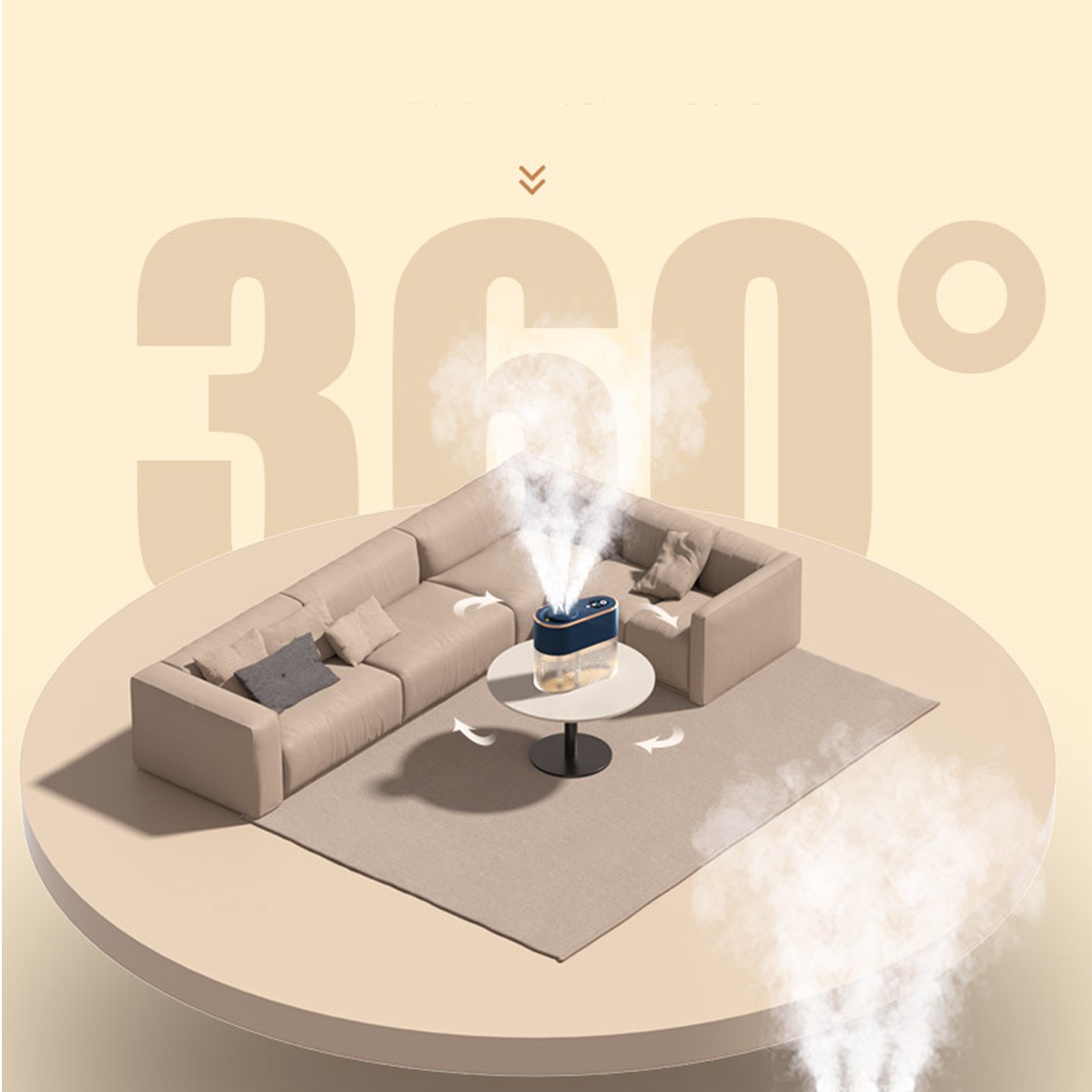 Ein Luftbefeuchter auf einem Tisch in einem Raum, mit Dampf, der austritt, und dem Text "360°" oben.