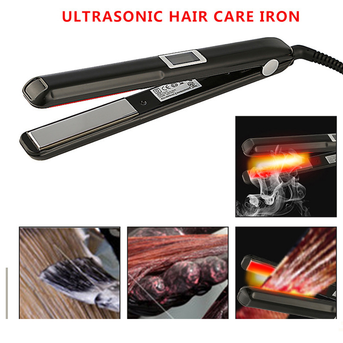 Schwarzes Ultraschall-Haarpflegeeisen mit Nahaufnahmen von gestyltem und erhitztem Haar.