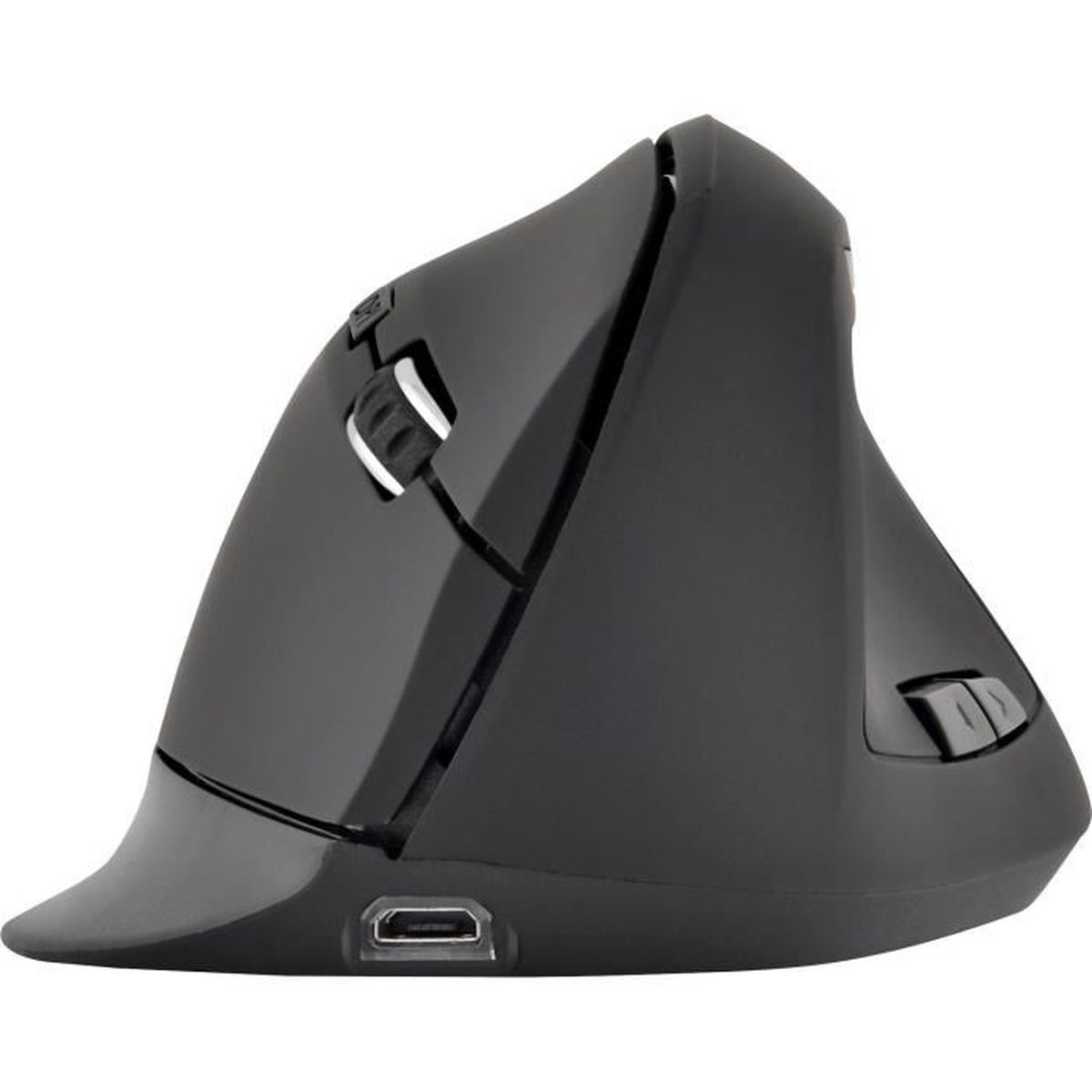 Un ratón vertical negro con un diseño curvo y varios botones. Tiene un puerto USB.