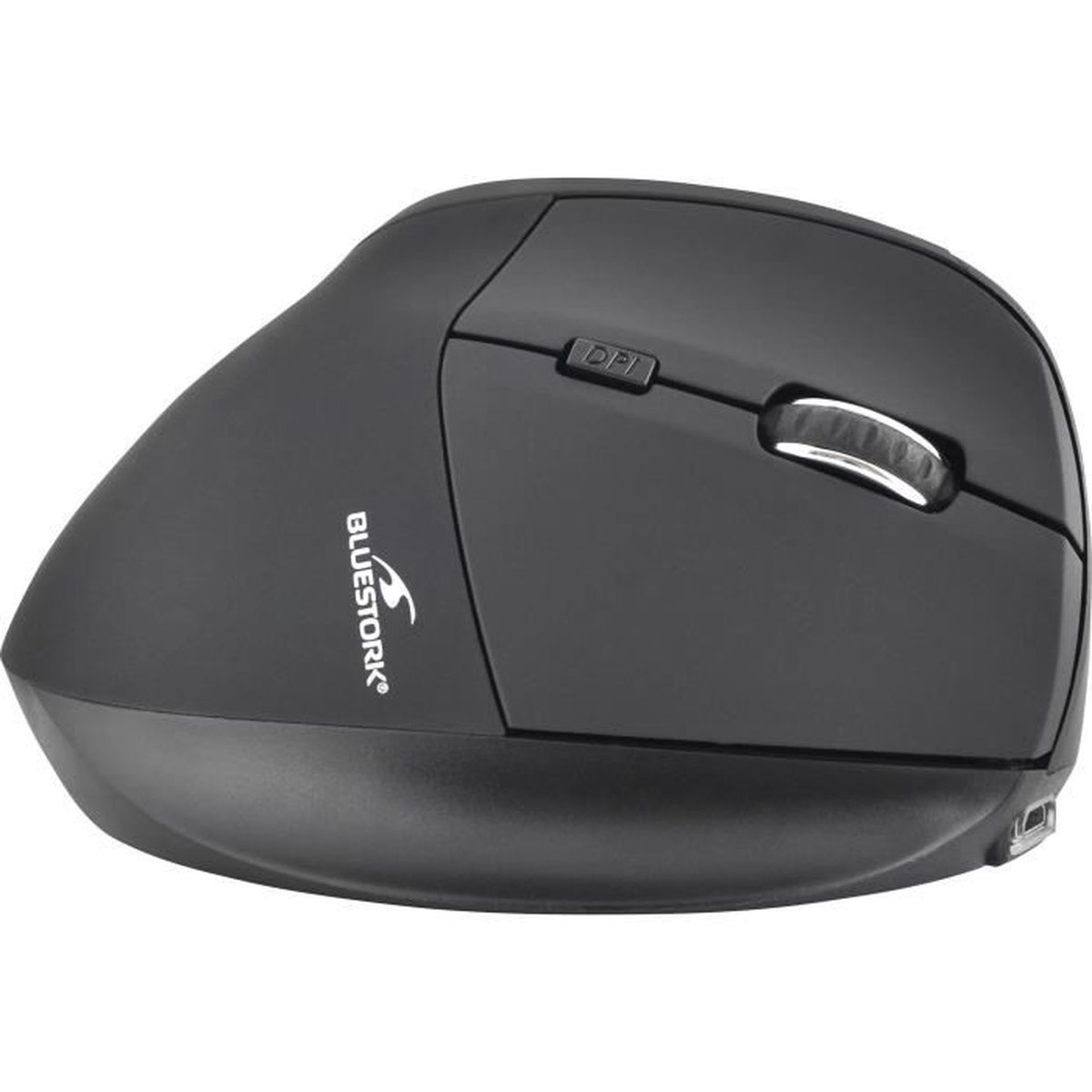Ratón ergonómico negro con el logotipo de Blustork. Tiene un botón DPI.
