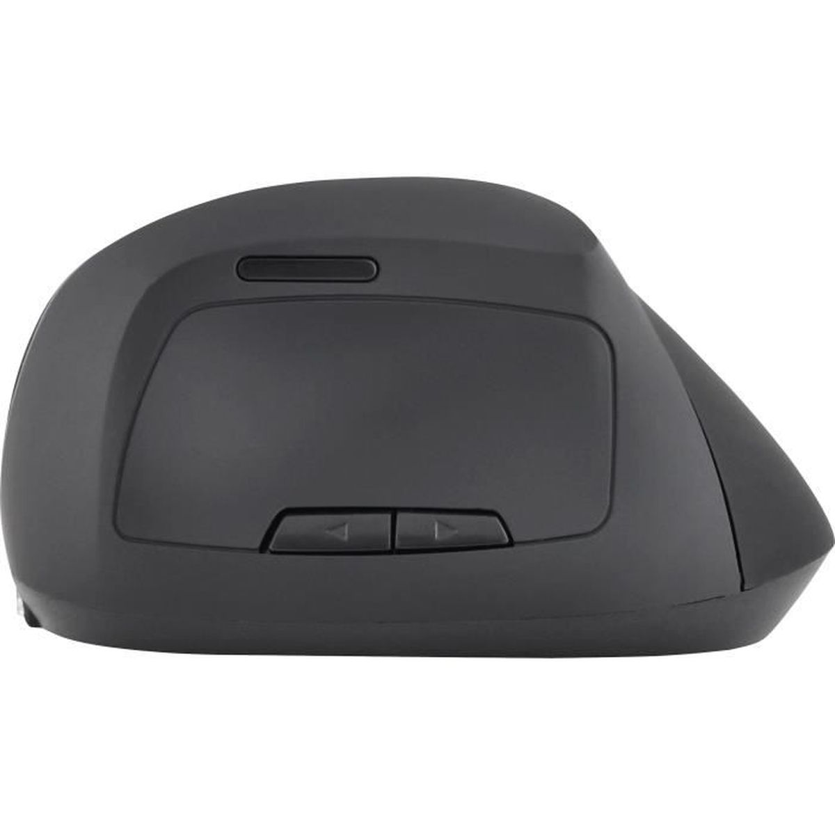 Un ratón ergonómico negro con dos botones, vista superior. El fondo es blanco.