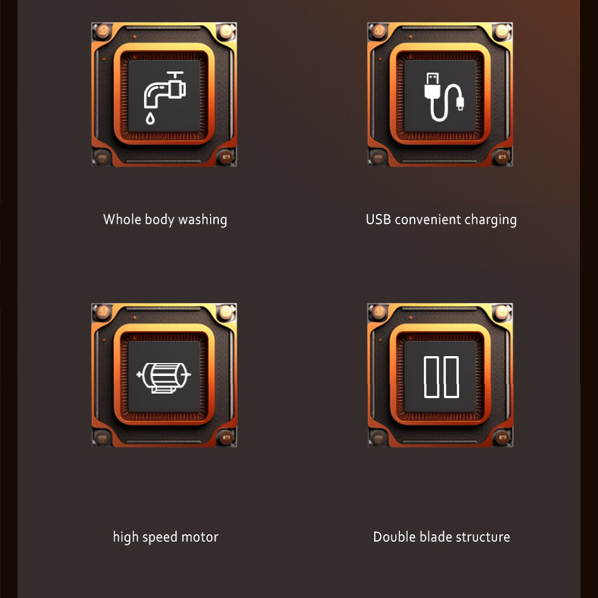 Vier Icons, die Ganzkörperwäsche, USB-Aufladung, Hochgeschwindigkeitsmotor und Doppelblattstruktur veranschaulichen.
