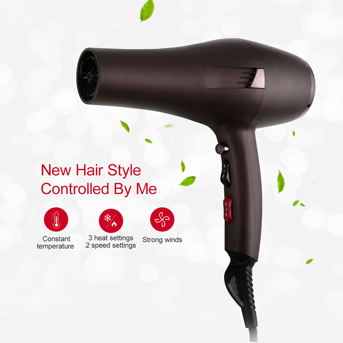 Ein brauner Haartrockner. Text: 'New Hair Style Controlled By Me'. 3 Heizstufen, 2 Geschwindigkeiten.