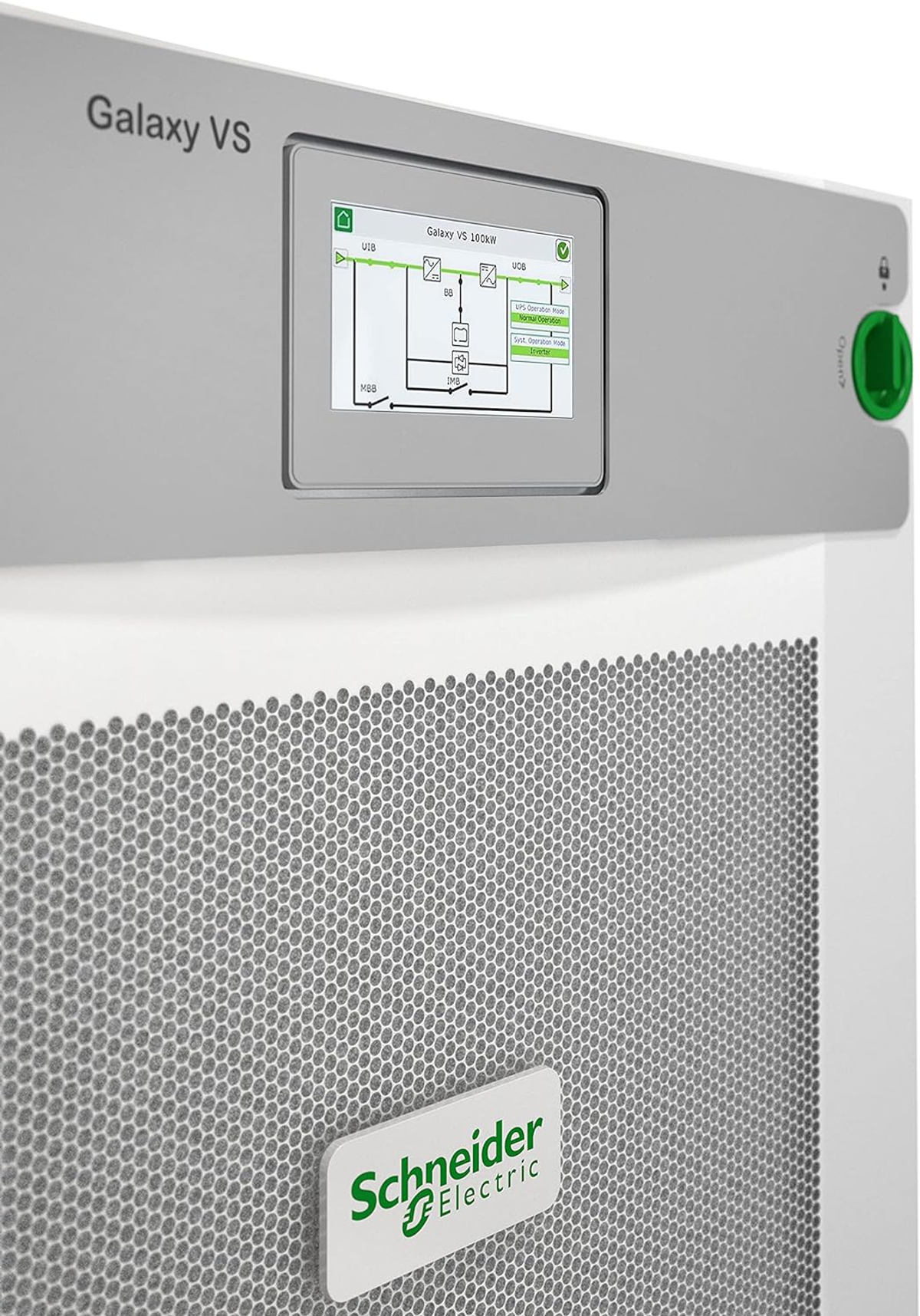 Serverkomponente mit Bildschirm, der eine Grafik zeigt. Schneider Electric Logo unten.