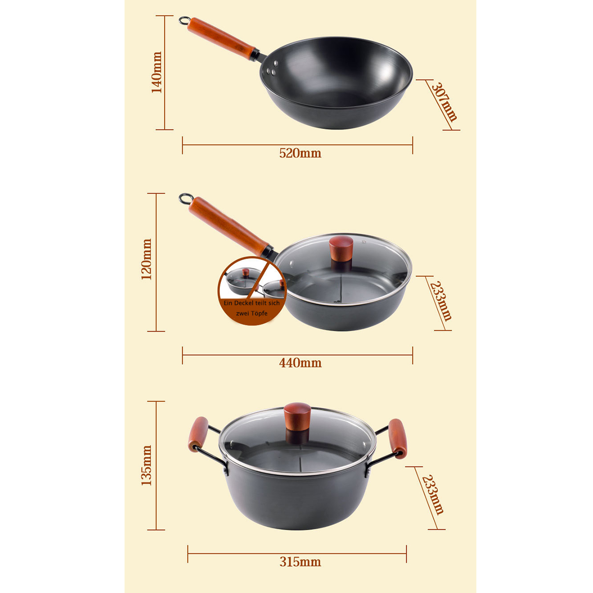 3-teiliges Antihaft-Kochgeschirr-Set Gesunde Topf-Sets Gleichmäßige FEI Wärmeverteilung Eisenpfannen