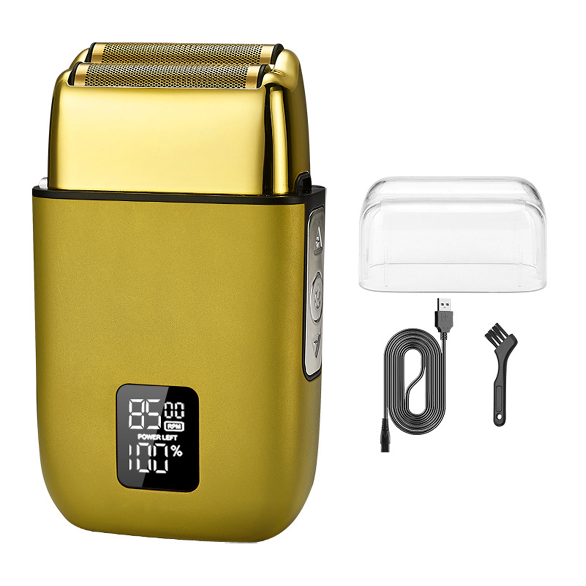 Goldener Elektrorasierer mit Digitalanzeige und Zubehör: USB-Kabel, Bürste und Abdeckung.