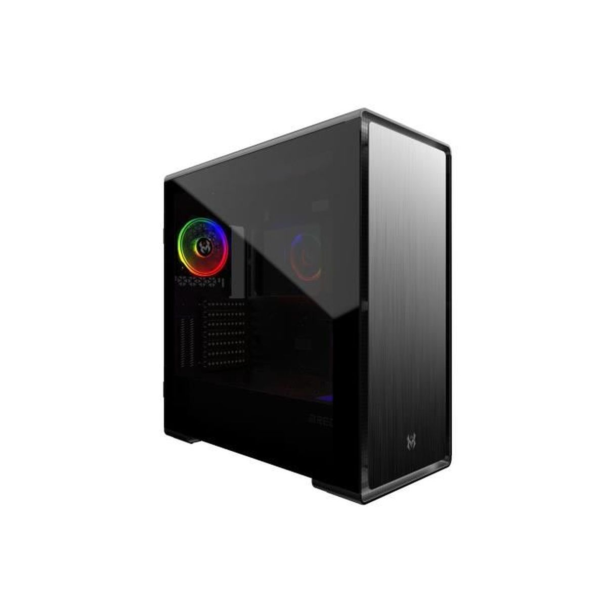 Un case per computer nero con un pannello laterale in vetro, che mostra i componenti interni e una ventola anteriore.