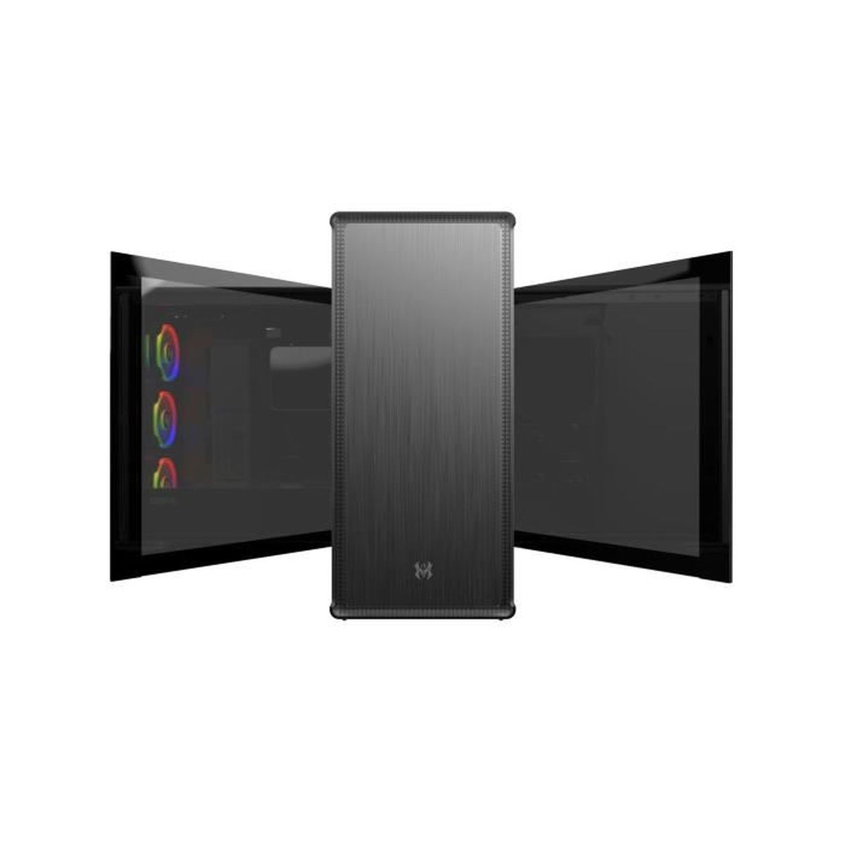 Case PC nero con pannelli in vetro, che rivelano componenti e luci RGB. Il pannello centrale è in metallo spazzolato.