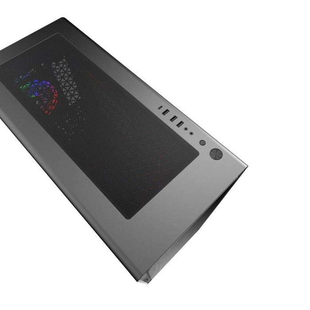 Case per computer dall'alto. Grigio, con pannello superiore a rete e pulsante di accensione.
