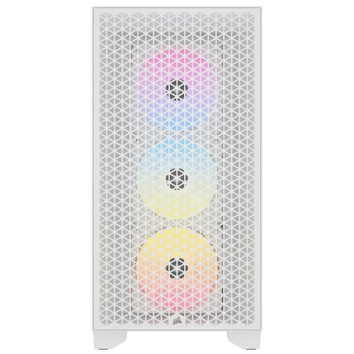 Biała obudowa komputera z siatkowym przodem i trzema kolorowymi okrągłymi światłami.
