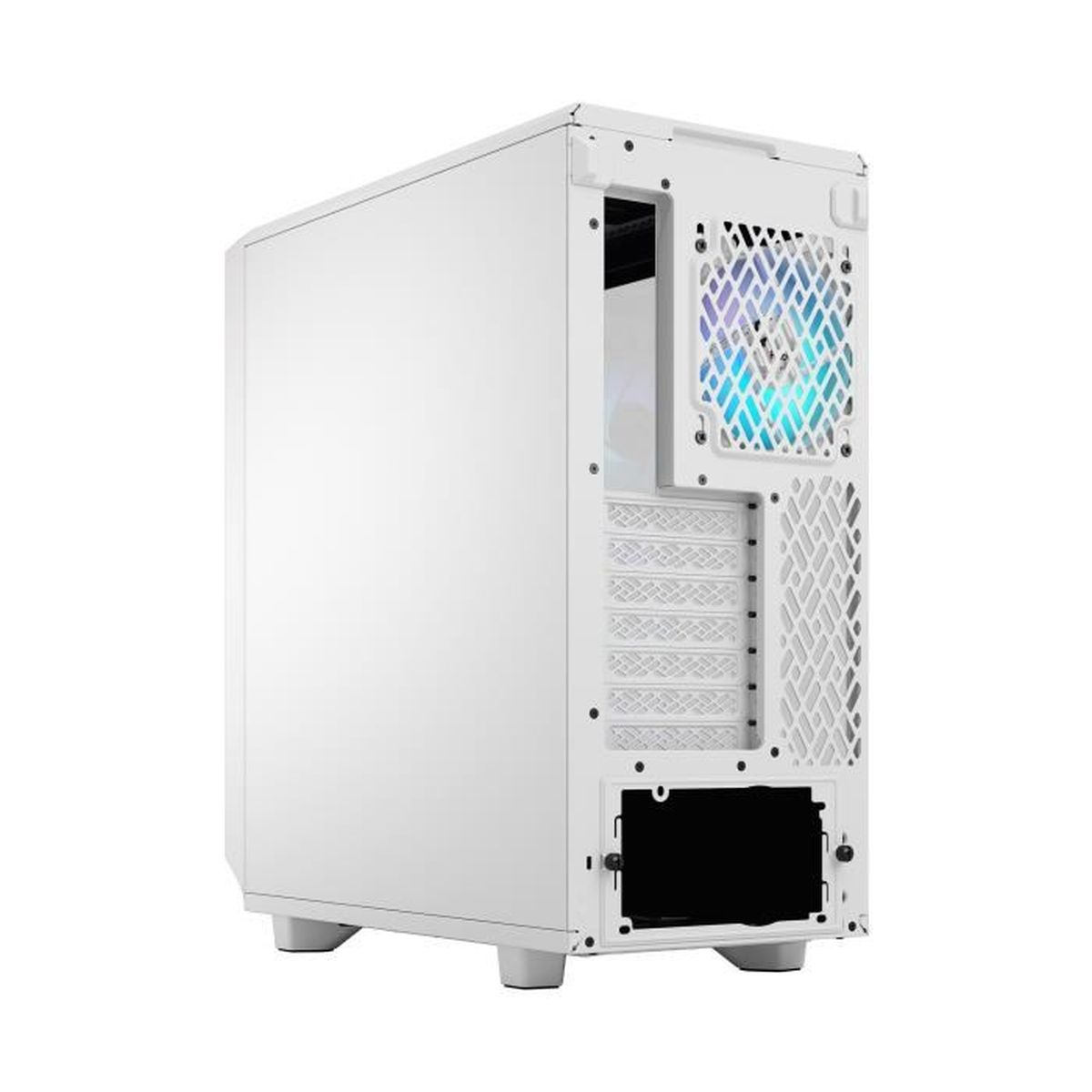 Weißes Computergehäuse, Rückwand sichtbar.