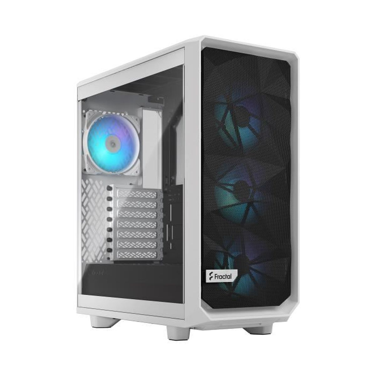 Weißes Computergehäuse mit transparentem Seitenteil, schwarzer Netzfront und Fractal-Logo.