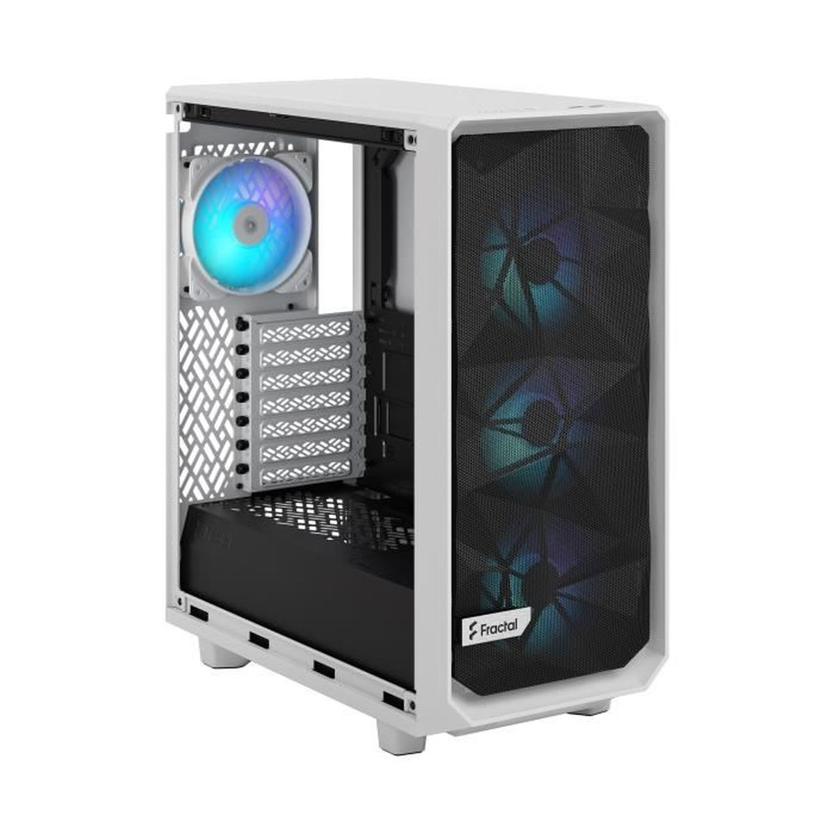Weißes Computergehäuse mit Mesh-Front und transparentem Seitenteil. Ein blauer Lüfter ist im Inneren sichtbar.