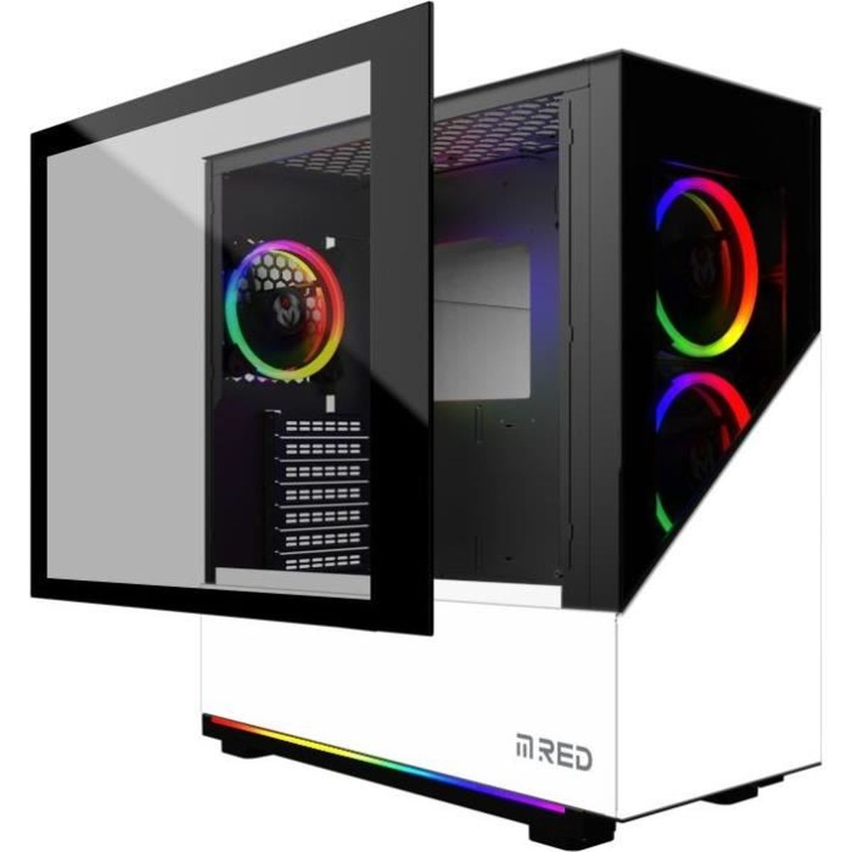 Un case per computer bianco e nero con un pannello laterale in vetro e luci colorate.