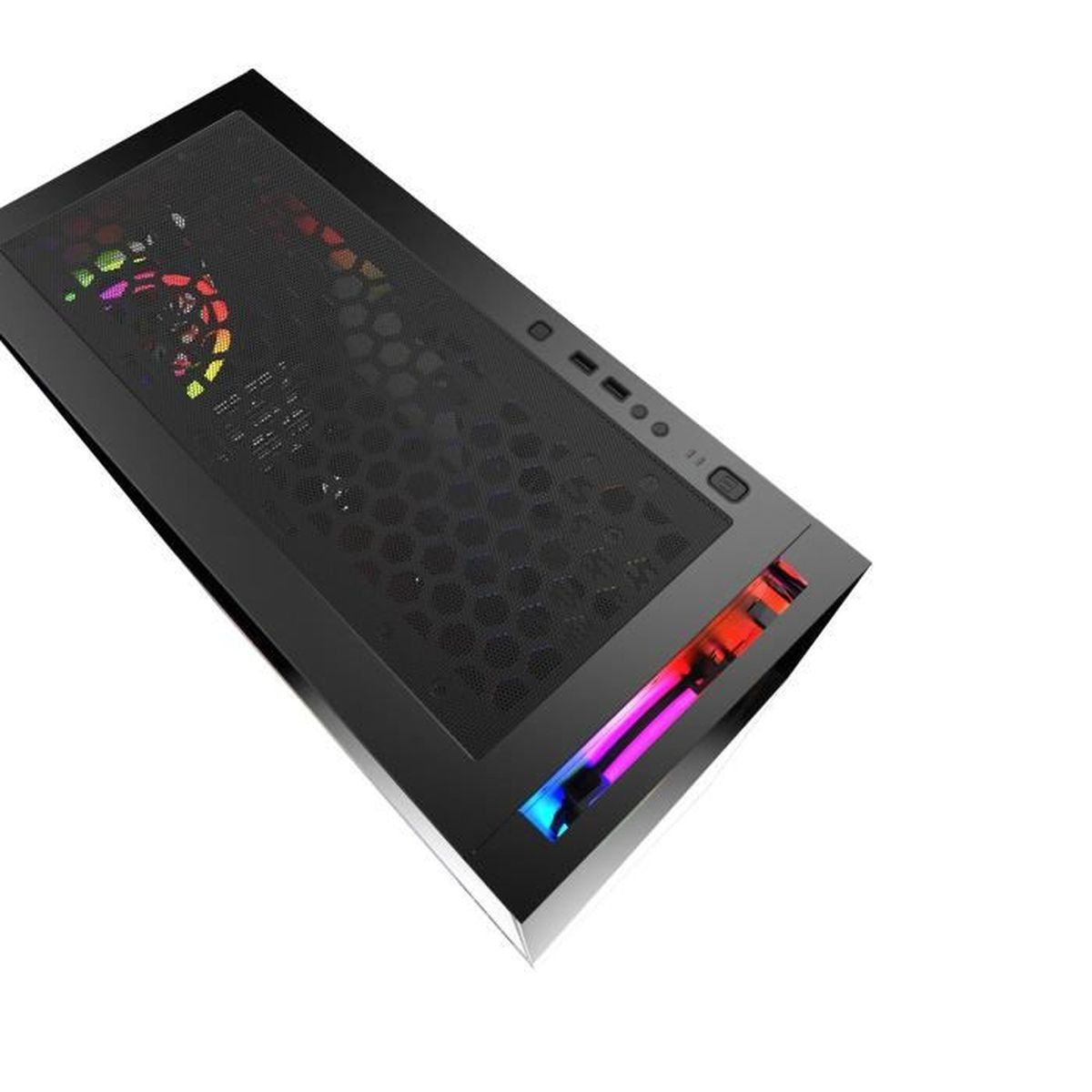 Case per computer con frontale a rete e illuminazione RGB. Il case è nero.