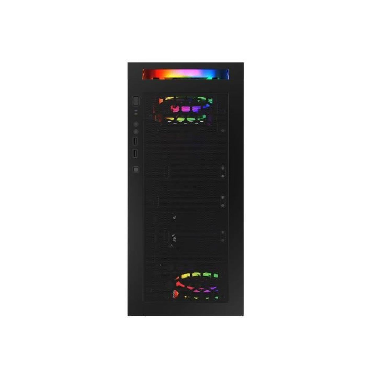 Un case per computer nero, vista frontale. Ha luci colorate lungo la parte superiore e componenti visibili all'interno.