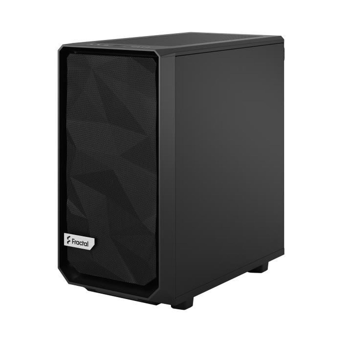 Case per computer nero con pannello frontale a rete. Il logo del marchio è visibile.