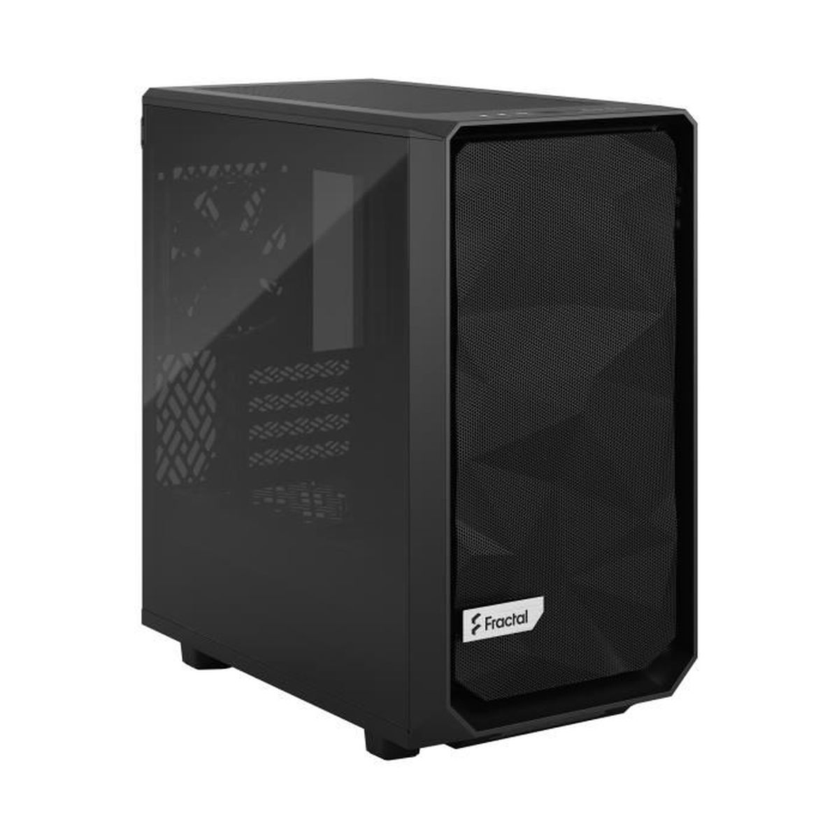 Case per computer nero con pannello frontale a rete e pannello laterale in vetro. Su sfondo bianco.