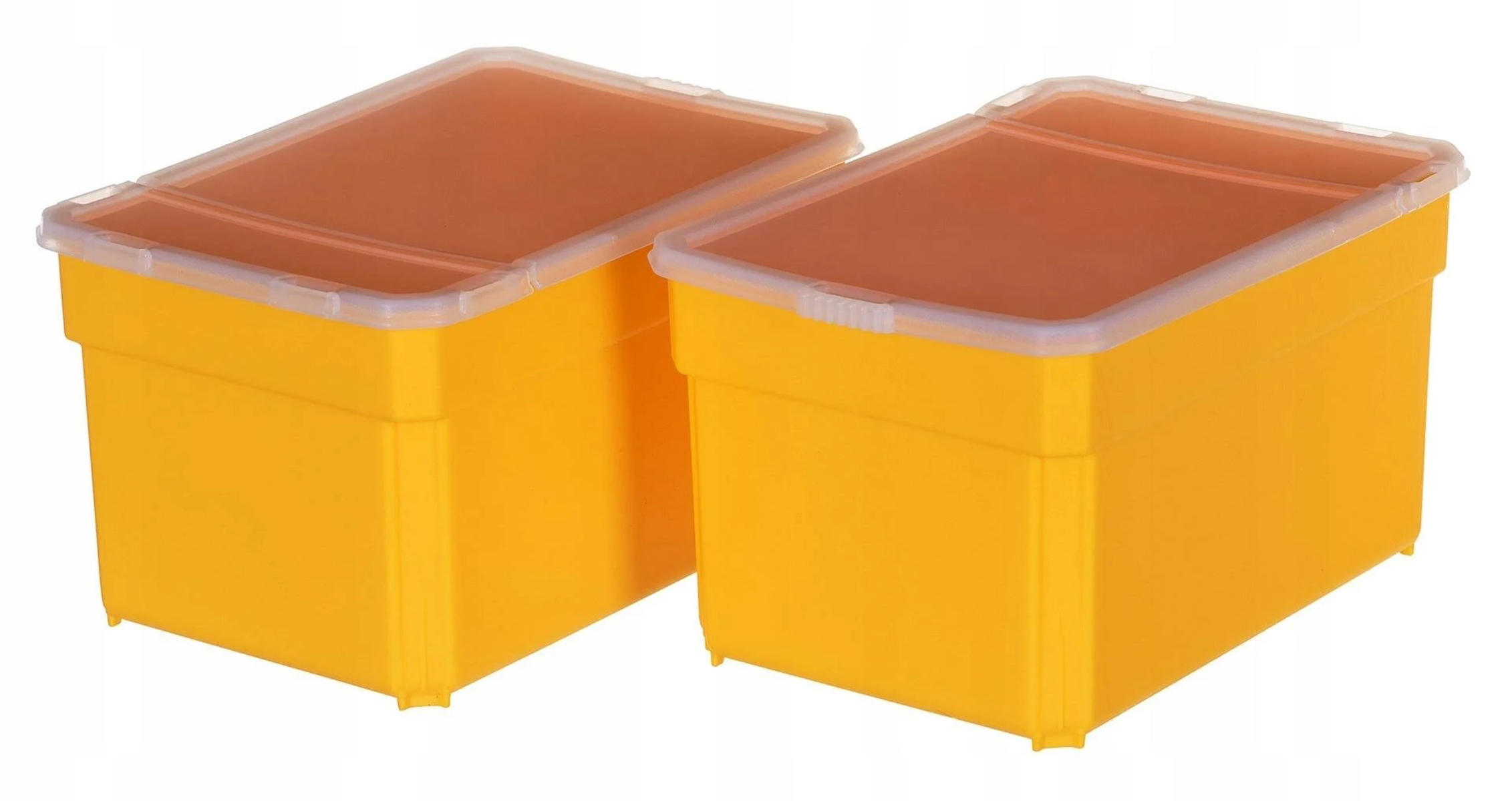 Zwei gelbe Aufbewahrungsboxen mit transparenten Deckeln. Jede Box ist rechteckig und hat einen weißen Rand.
