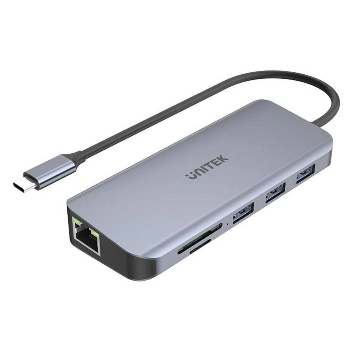 Hub USB-C grigio con più porte e cavo collegato.