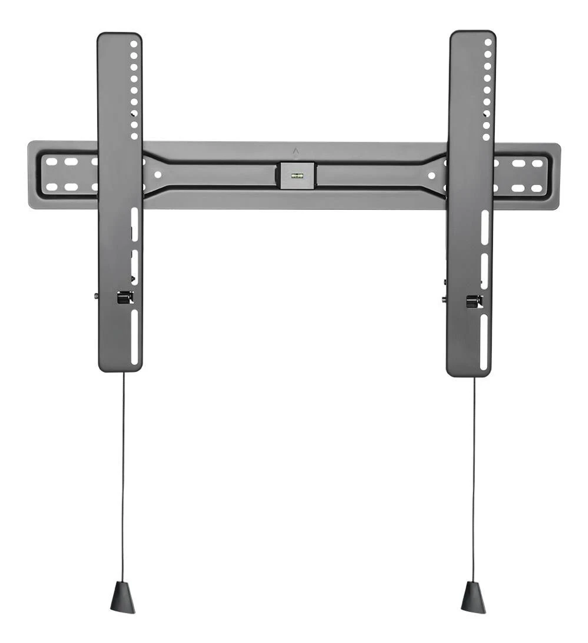 TV-Wandhalterung. Metallhalterung mit zwei vertikalen Stangen und Hängeschnüren mit Gewichten.