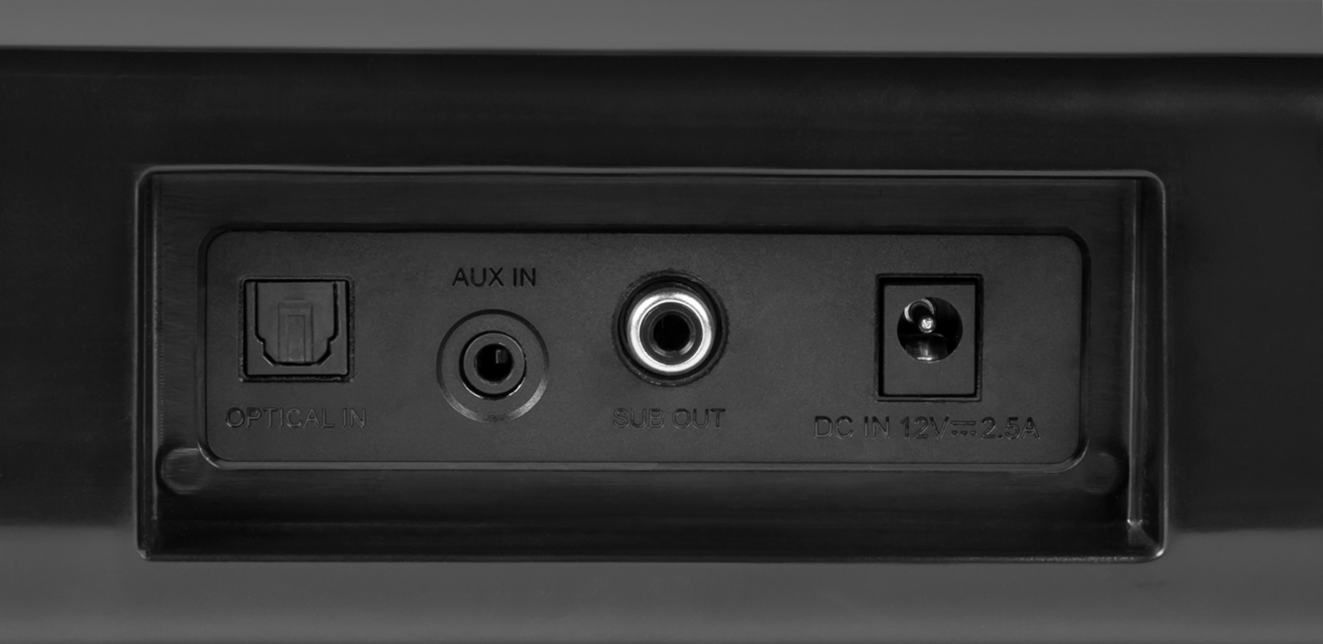 Zbliżenie portów soundbaru: wejście optyczne, wejście aux, wyjście sub i wejście DC 12V.
