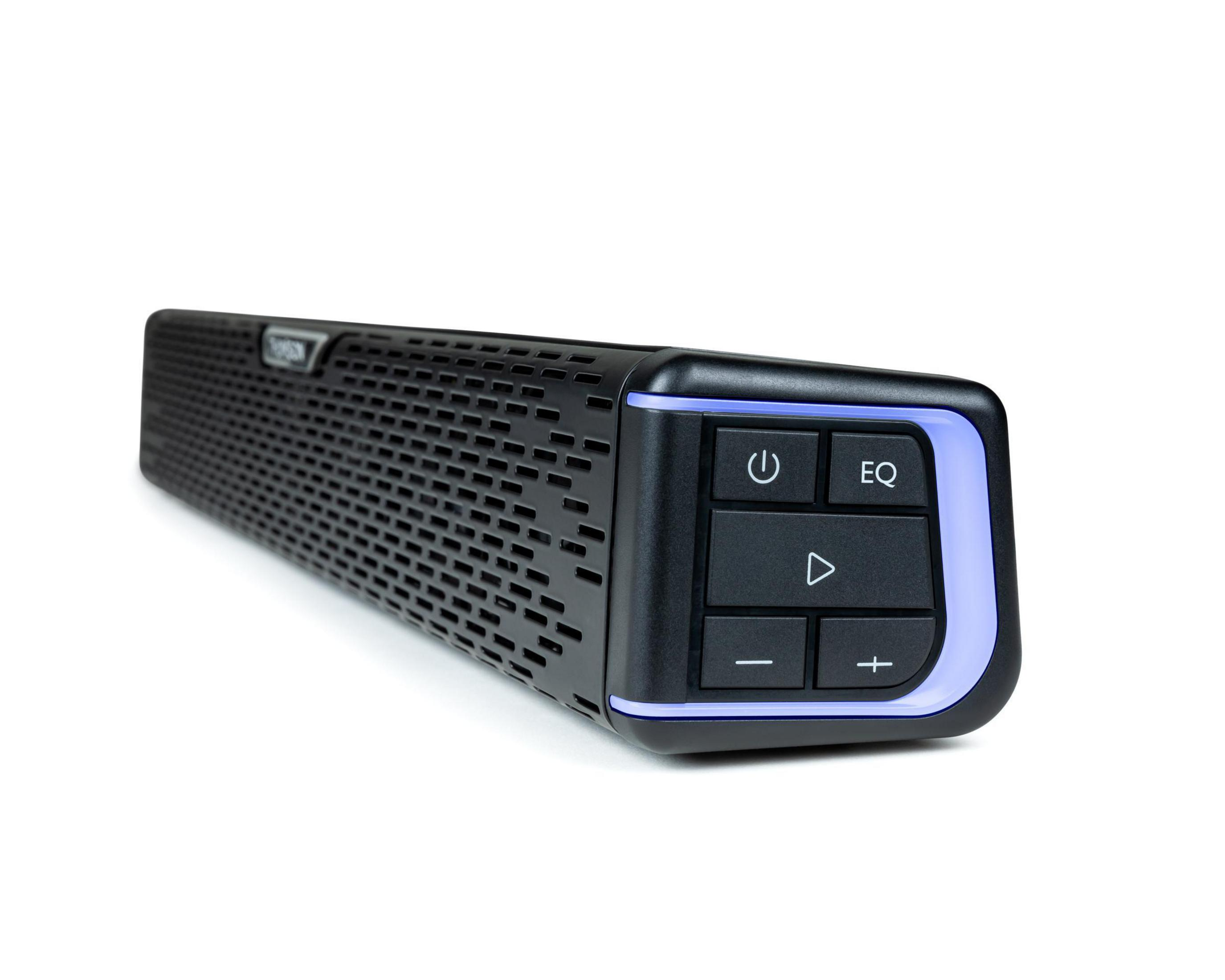 Czarny soundbar z przyciskami na górze. Przyciski obejmują zasilanie i głośność.