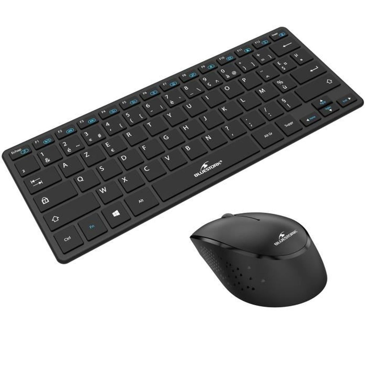 Eine schwarze kabellose Tastatur und Maus-Kombination. Die Tastatur hat weiße Zeichen.