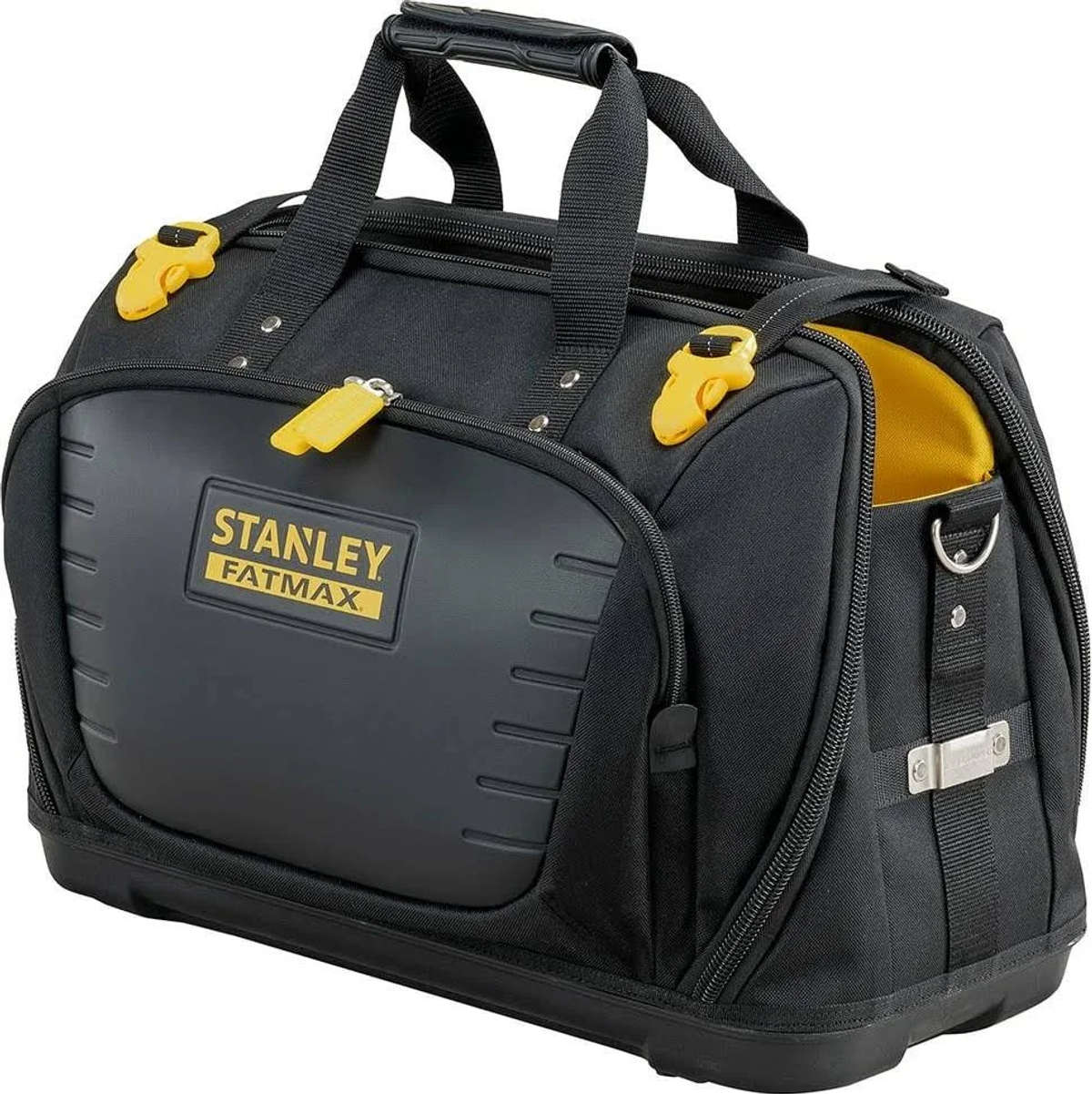 Eine schwarze Stanley Fatmax Werkzeugtasche mit gelben Akzenten und einer Vordertasche. Sie hat gelbe Verschlüsse.