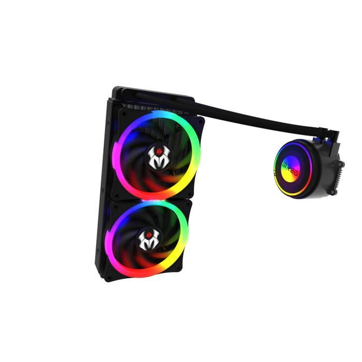 Ein Computer-Kühlsystem mit zwei Lüftern und einer Pumpe, mit Regenbogen-LEDs.