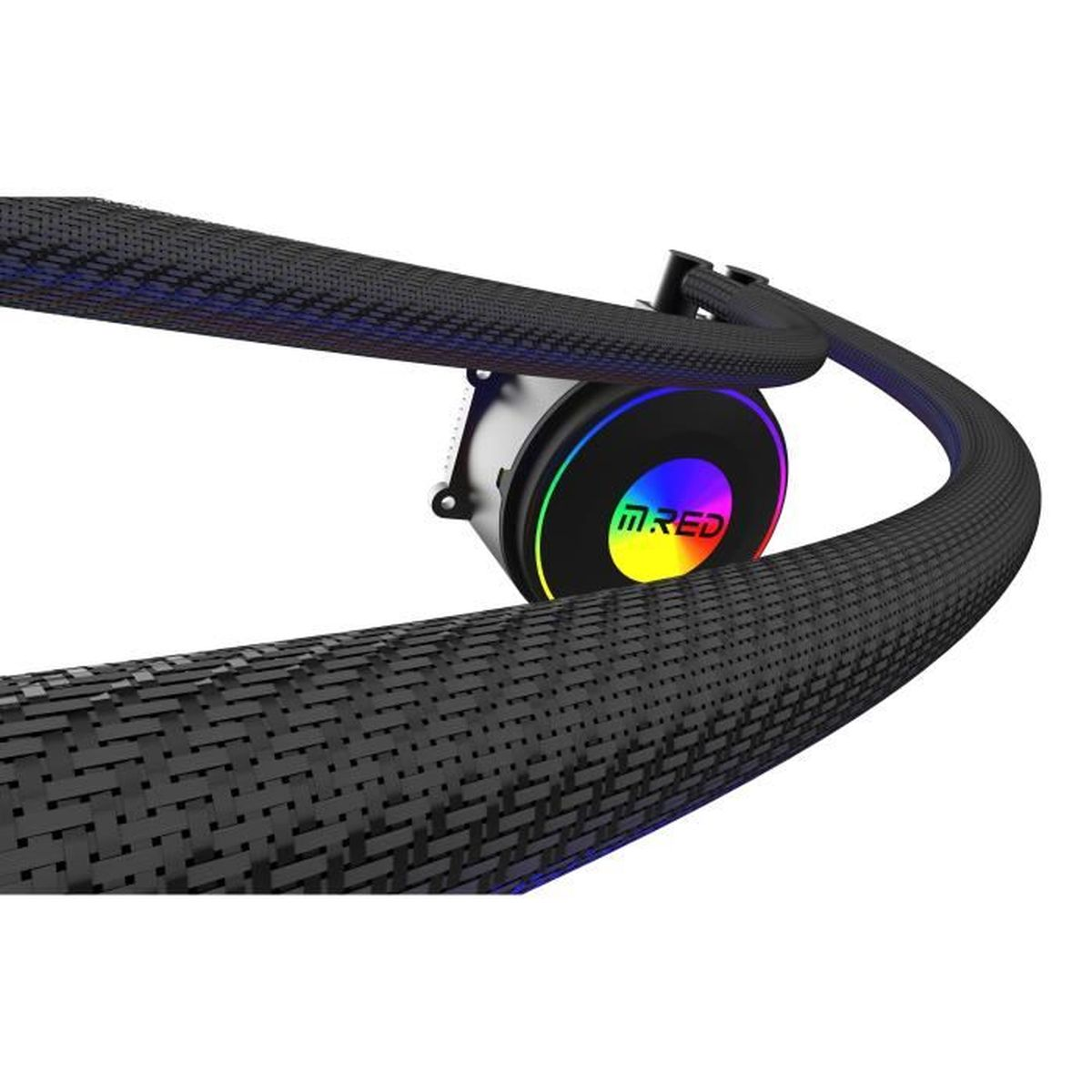 Eine schwarze Wasserkühlungspumpe mit RGB-Beleuchtung und geflochtenen Schläuchen.