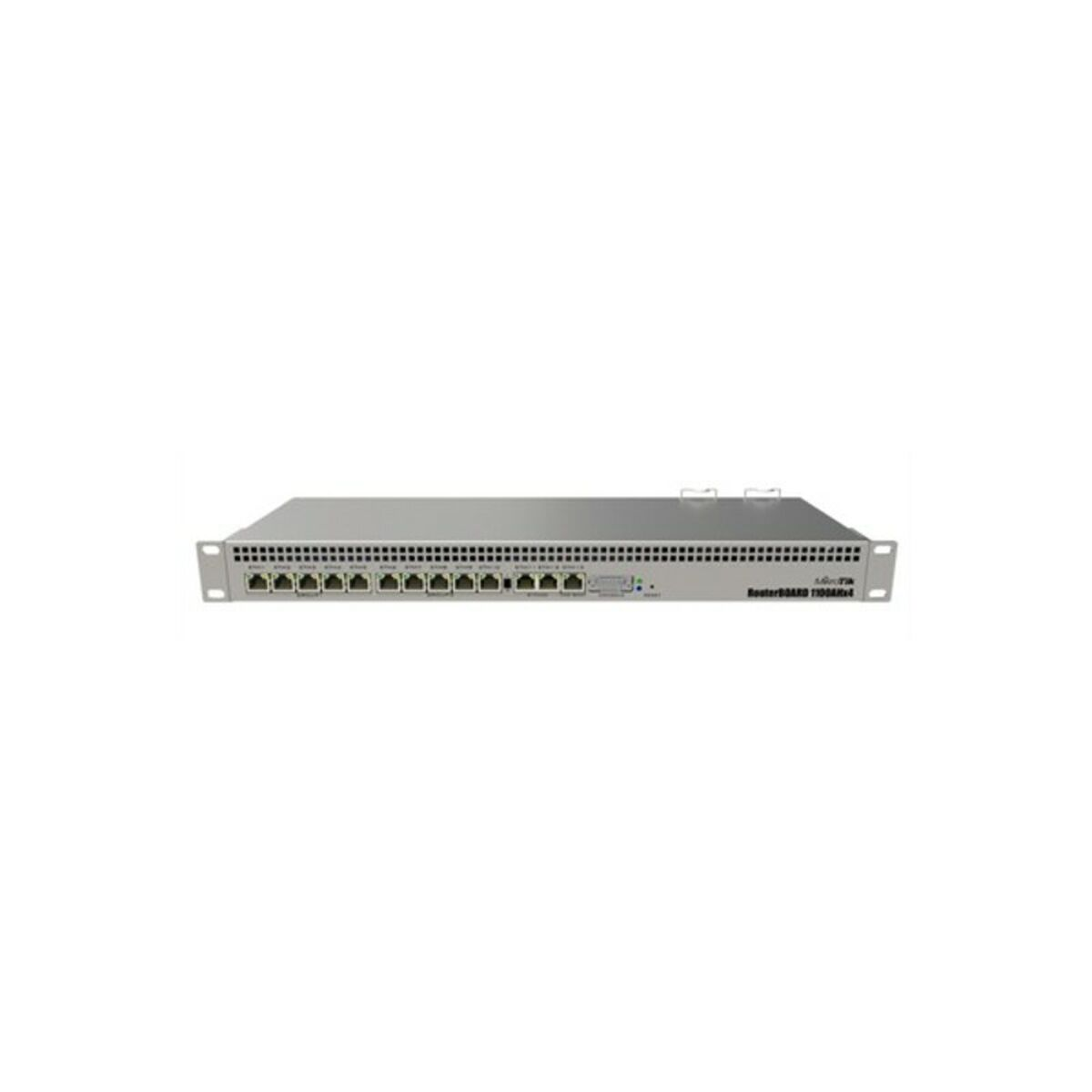 Ein silberner, rackmontierbarer Netzwerkrouter mit mehreren Anschlüssen, vor weißem Hintergrund.