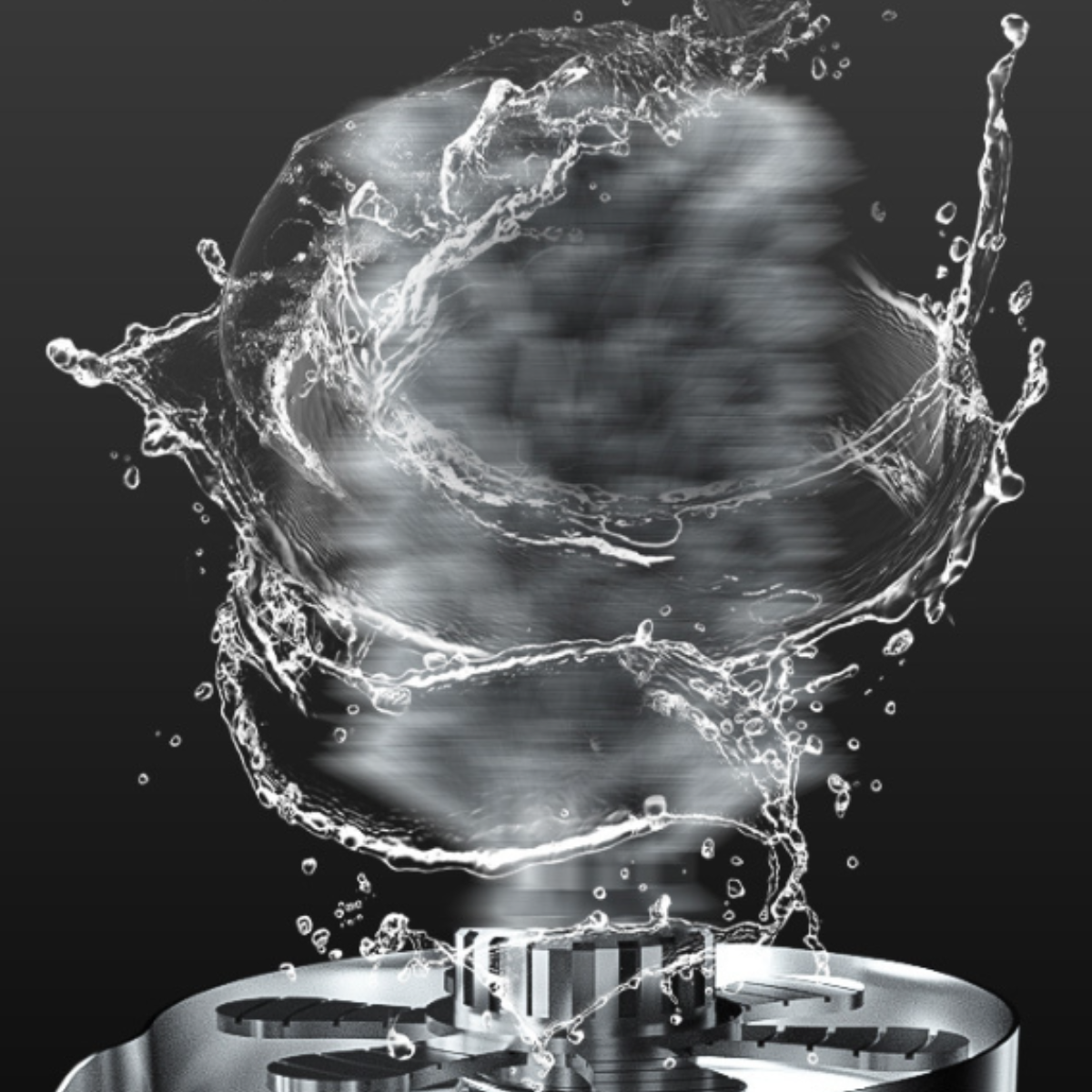 Nahaufnahme eines Geräts mit Wasser, das darum herum spritzt. Schwarzer Hintergrund. Das Gerät ist metallisch.