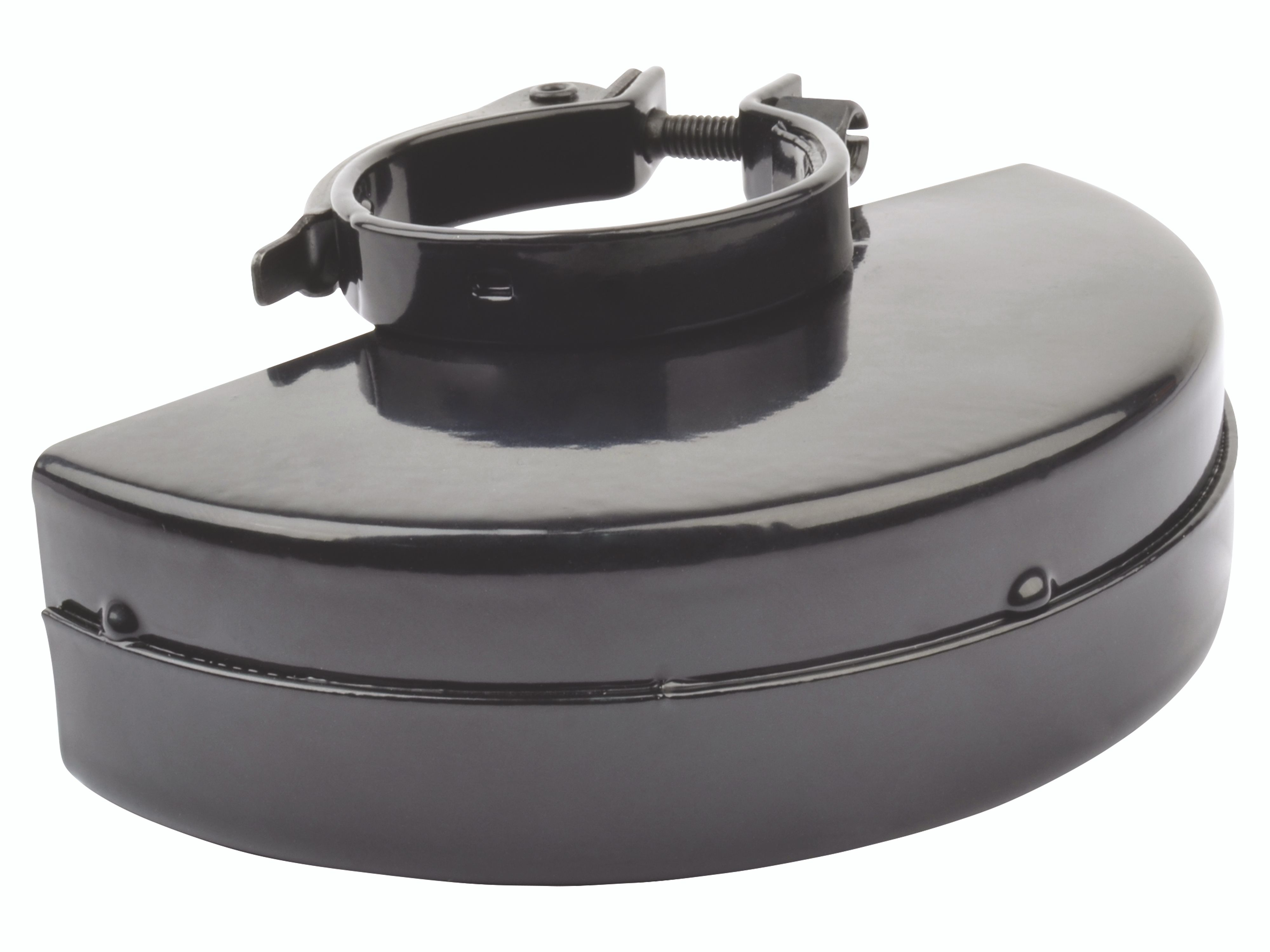 Schwarzer Metall-Schleifschutz mit angebrachter Klemme.