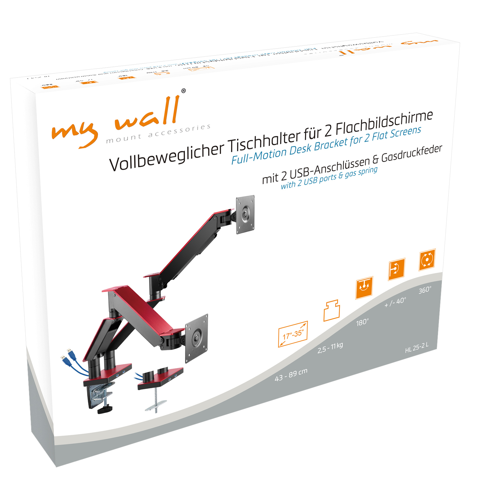 Eine Box für eine Doppelmonitorhalterung, die Halterung ist rot und schwarz. Symbole und Spezifikationen befinden sich auf der Box.
