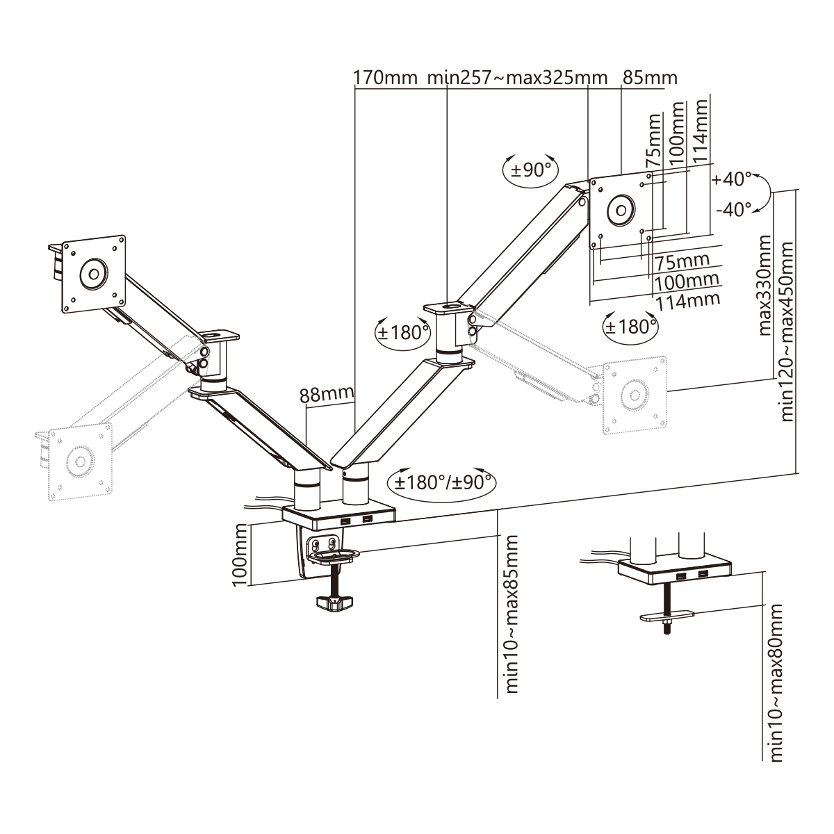 Diagramm mit Abmessungen und Winkeln für die Doppelmonitorbefestigung. Maße in mm und Grad werden angezeigt.