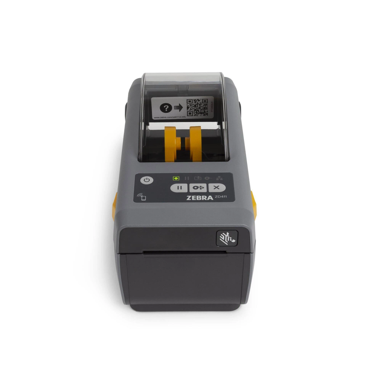 Une imprimante d'étiquettes Zebra grise et noire avec un code QR et des accents jaunes.