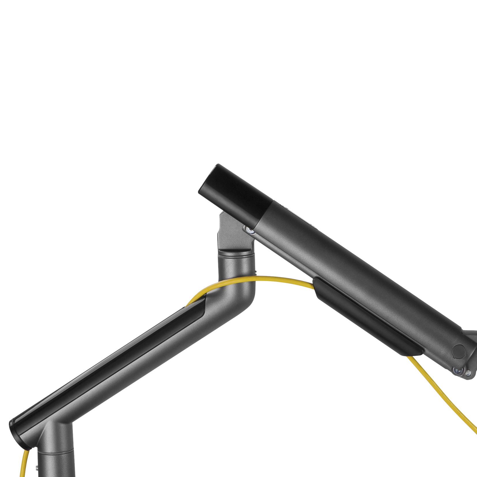 Grauer Monitorarm mit gelbem Kabel. Der Arm ist teilweise sichtbar. Weißer Hintergrund.